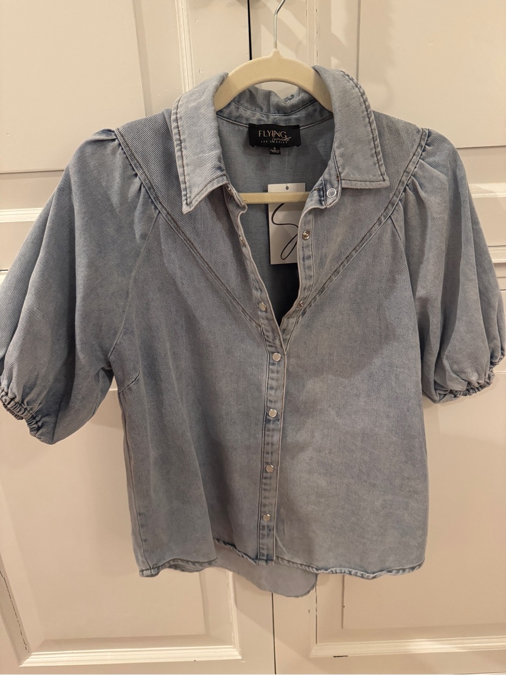FLYING Tomato Washed Light Blue Denim Puff Sleeve Button-Down